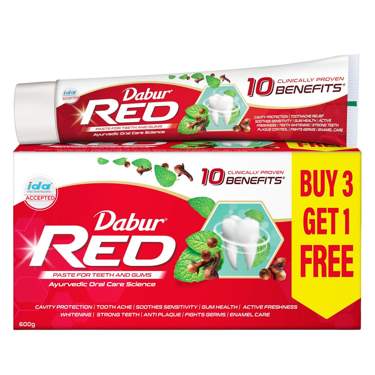 Dabur Red 600g (150g x 4, Pack of 4) Toothpaste - India's No.1 Ayurvedic Paste, Provides Protection Plaque Removal, Toothache, Yellow Teeth, Bad Breath