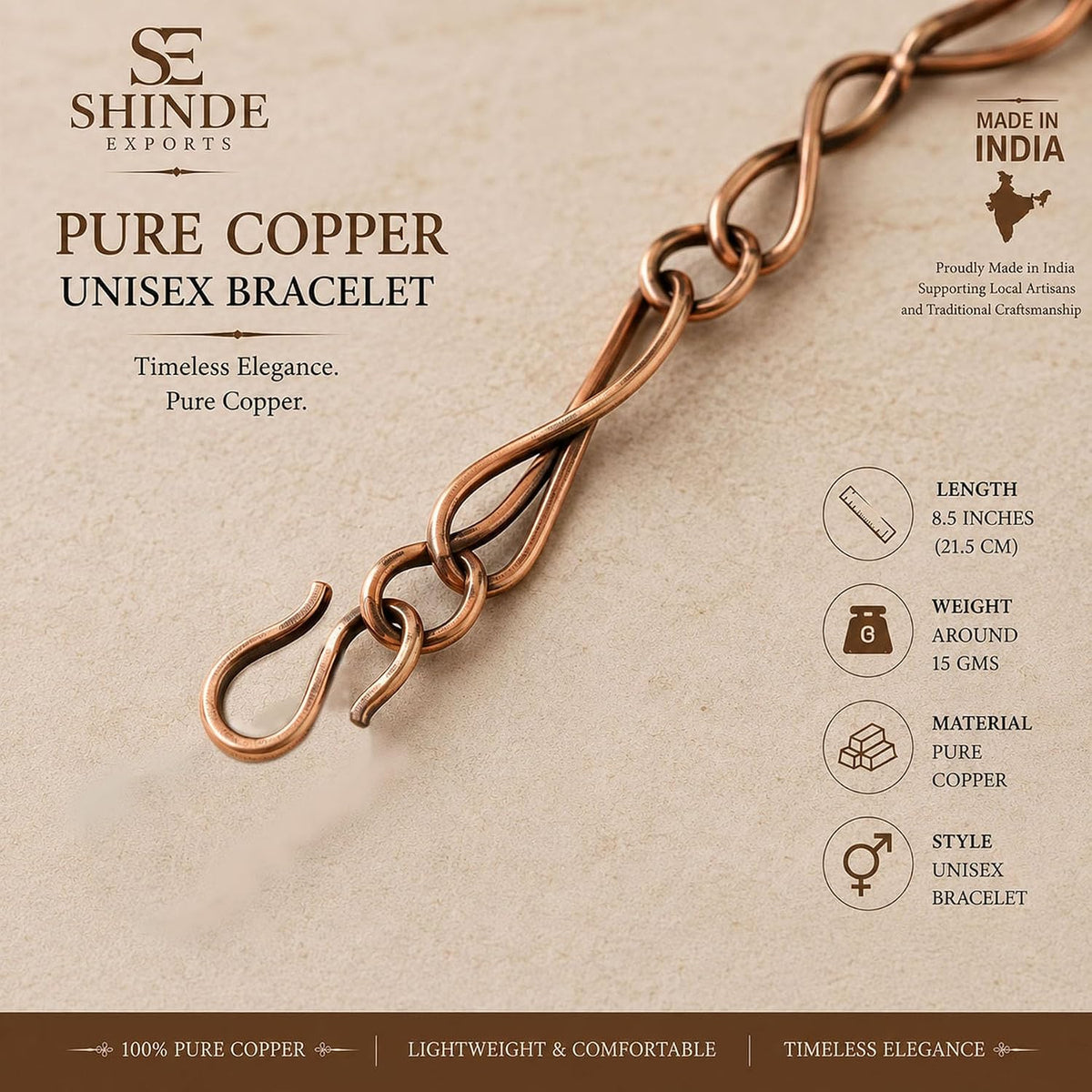SHINDE EXPORTS Pure Copper Link Chain Bracelet Unisex S Hook 8.5 Inch