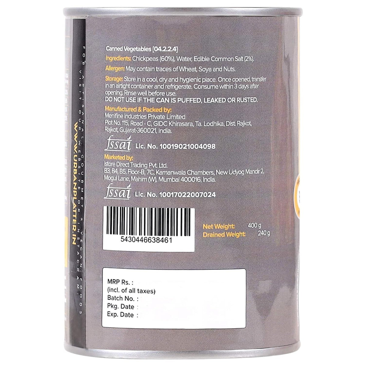 Urban Platter USA Chickpeas in Brine, 400g (Ready to Use | Drained Weight 240g | Garbanzo Beans | Perfect for Curries, Salads, Dips and More)