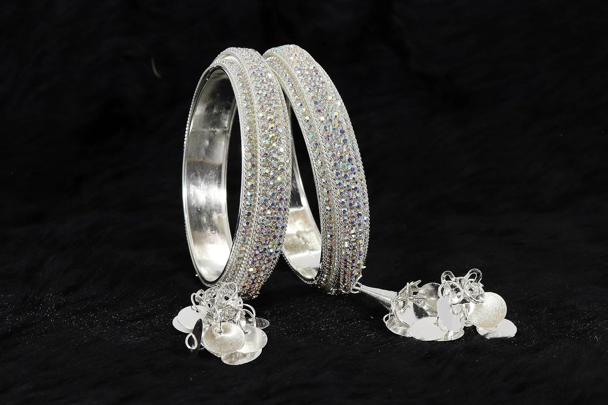 NMII Metal & Gold White American Diamond Stone Latkan Bangles Set For Girls and Women | Bangles with Latkan | AD Bangles | Stylish Bangles For Wedding, Party, Occasion Fashion Jewellery- Set of 2