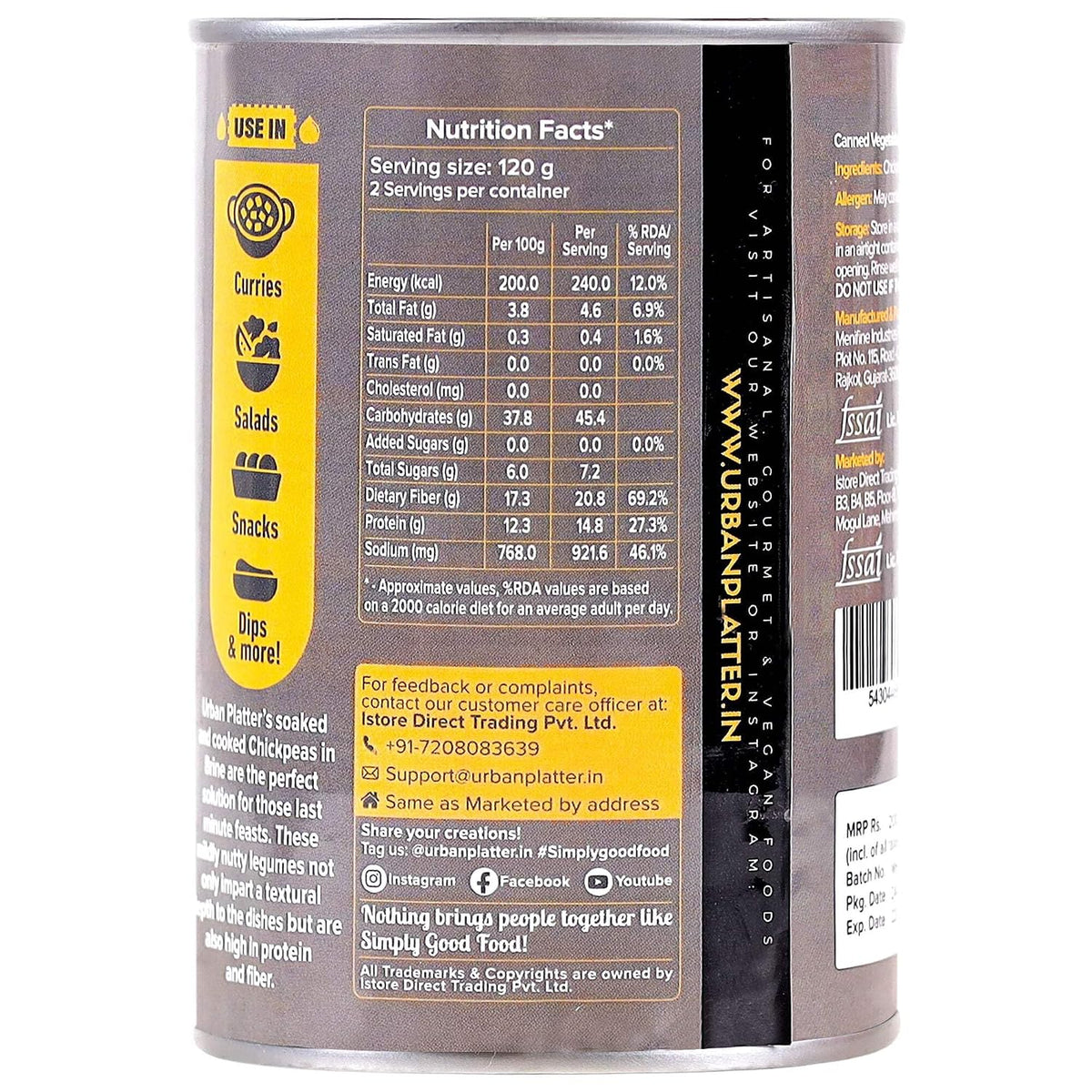 Urban Platter USA Chickpeas in Brine, 400g (Ready to Use | Drained Weight 240g | Garbanzo Beans | Perfect for Curries, Salads, Dips and More)