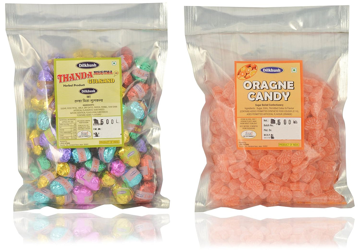 Dilkhush Thanda Meetha Gulkand and Orange Candy, 1 Kg (Combo of 2)