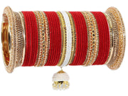 NMII Non-Precious Metal with Base Metal and Zircon Gemstone with Pearls Studded Glossy Finished Kaleere Type Latkan Velvet Bangle Chuda set for Women and Girls (WITH_1 ROD BANGLE BOX)