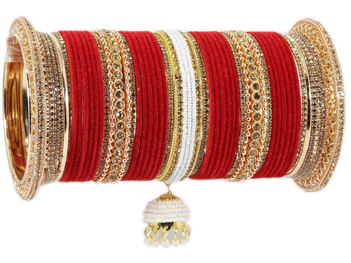 NMII Non-Precious Metal with Base Metal and Zircon Gemstone with Pearls Studded Glossy Finished Kaleere Type Latkan Velvet Bangle Chuda set for Women and Girls (WITH_1 ROD BANGLE BOX)