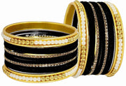 NMII Metal with Zircon Gemstone and Pearls Studded Velvet Bangle Set for Women and Girls