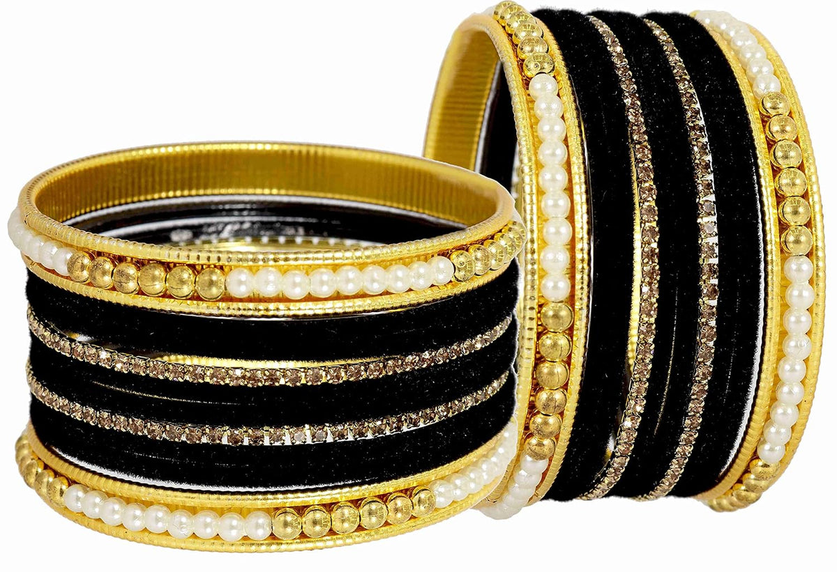 NMII Metal with Zircon Gemstone and Pearls Studded Velvet Bangle Set for Women and Girls