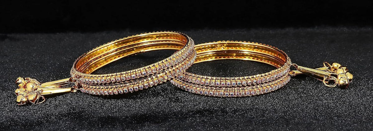 NMII Alloy Metal With Zircon Gemstone and Bells Latkan Linked Traditional Bangles Set For Girls and Women