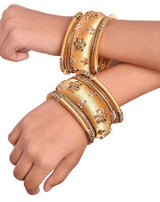 NMII Metal Base Metal with Silk thread worked and Zircon Gemstone Or Flower Shaped with Ball Chain Linked Glossy Finished Bangle Set For Women and Girls, (Golden_2.6 Inches), Pack Of 18 Bangle Set