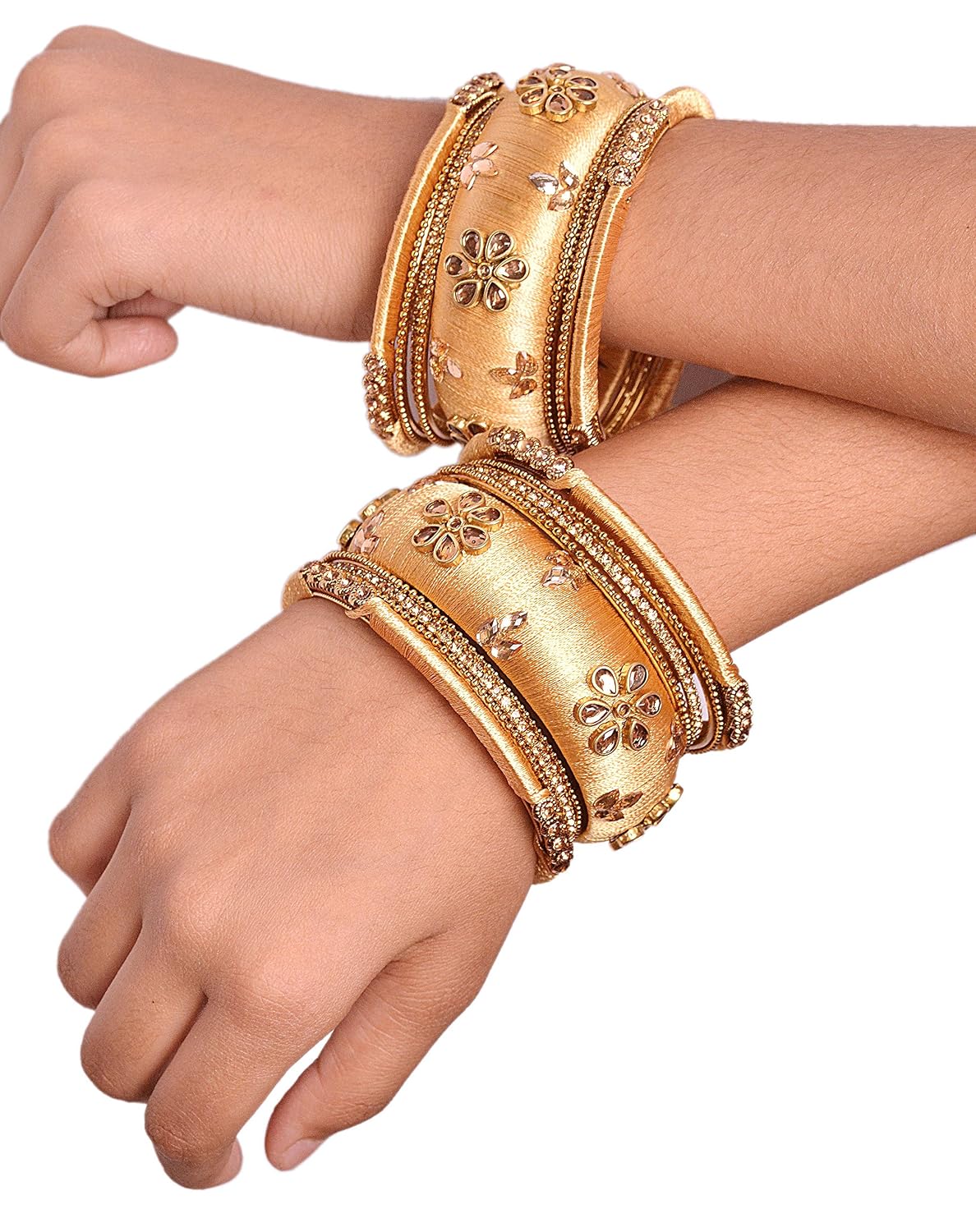 NMII Metal Base Metal with Silk thread worked and Zircon Gemstone Or Flower Shaped with Ball Chain Linked Glossy Finished Bangle Set For Women and Girls, (Golden_2.6 Inches), Pack Of 18 Bangle Set