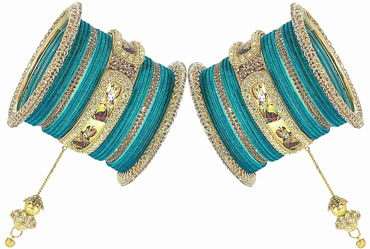 NMII Non-Precious Metal Base Metal With Velvet and Raadha Krishna Printed Design Or Zircon Gemstone Pearls Latkan Bangles Set For Women and Girls