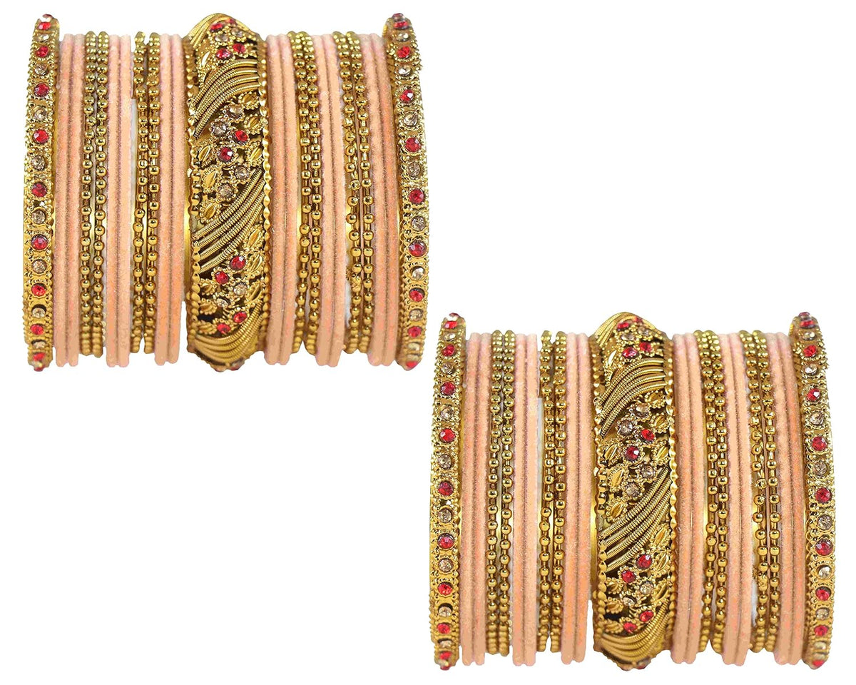 NMII Metal with Zircon Gemstone and Beads Studded Ball Chain Linked Glossy Finished Velvet Bangles Chuda set for Women and Girls