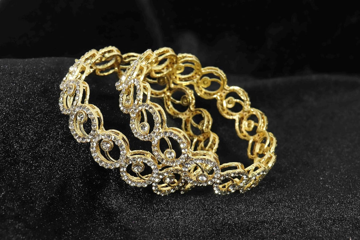 NMII Stylish Alloy Metal Gold Plated Bangles Set For Girls and Women Studded American Diamond Stone | Fancy Diamond Bangles | Metal bangles | Women Bangles For Wedding, Party, Function- Set of 2
