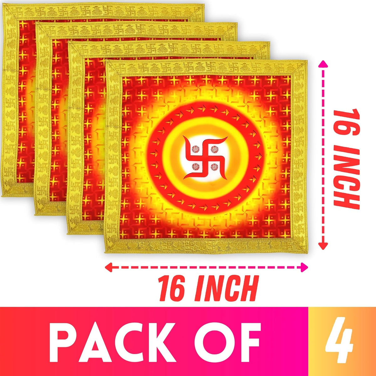 Bhakti Lehar Printed Silk Satin God Chowki Aasan Cloth for Puja (Size: 16" x 16" Inch) | Pooja Assan Kapda | Satin Altar Cloth Mat for Puja Mandir, Temple and Decoration (Set of 4)