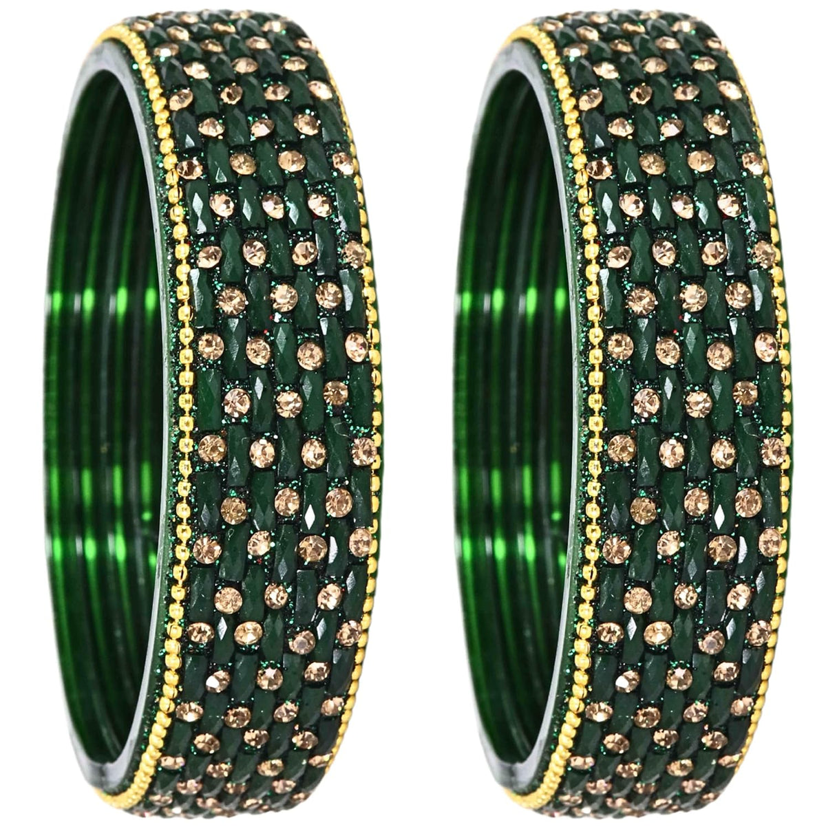 NMII Glass Golden Zircon GemStone & Beads Studded Thick Kada Set For Women & Girls | Chudi Set | Glass Bangles For Women | Fancy Kada For Women Party, Wedding, Occasion, Daily use