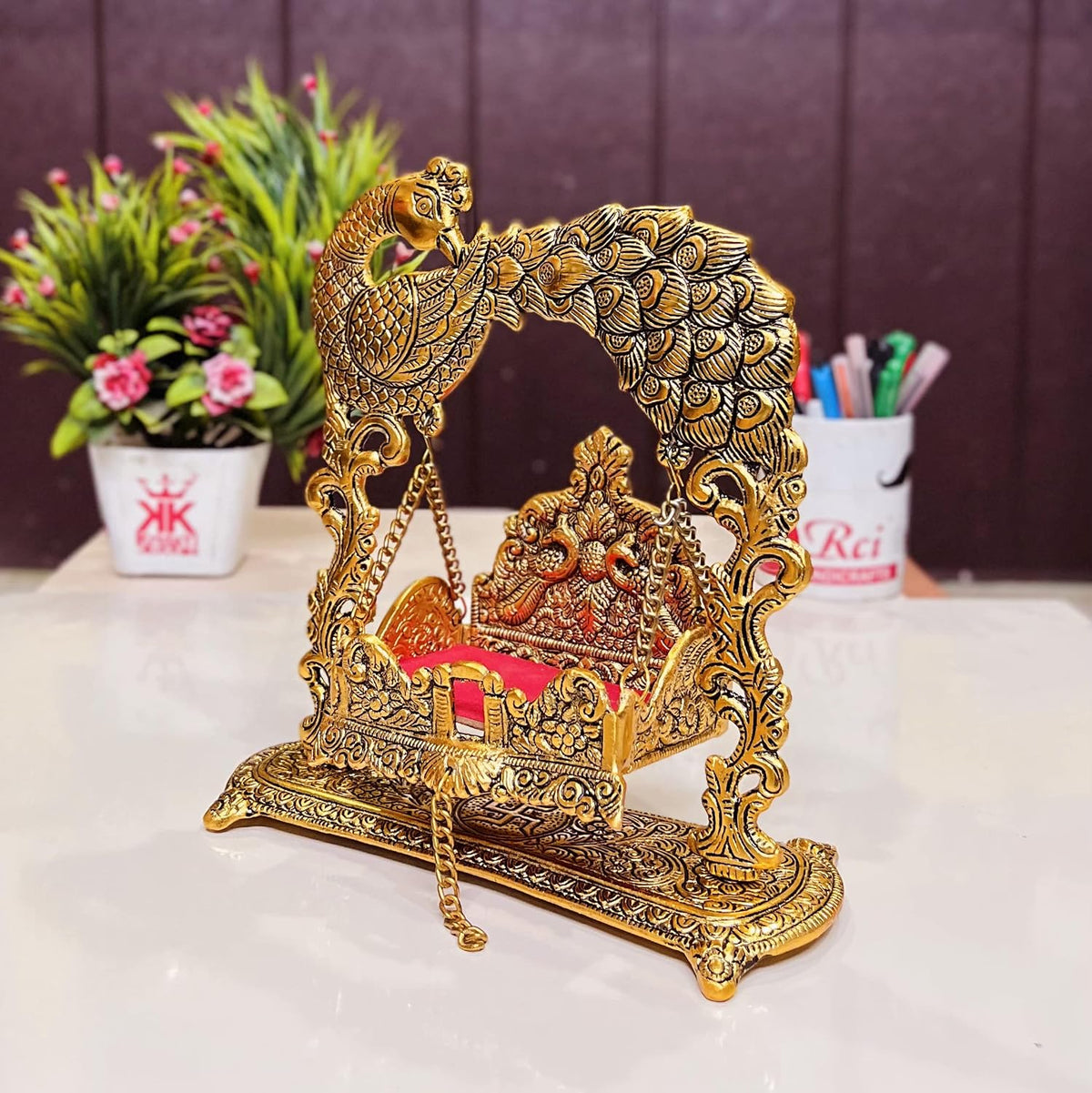 KridayKraft Metal Laddu Gopal Jhulla for Janmastmi Festive Gold Plated Decor Your Home Metal Palna for Krishna ji, Temple Office,Gift Article.
