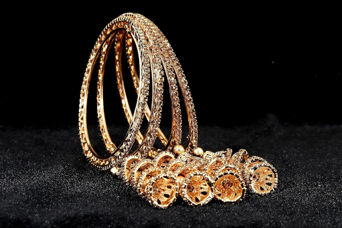 NMII Set of 4 Gold Plated Metal Latkan Bangle Set For Girls & Women with Diamond Stone | Fancy Women's Bangles | Traditional Jhumka Latkan Design Bangles | Fashion Jewelry - Set of 4 Bangles