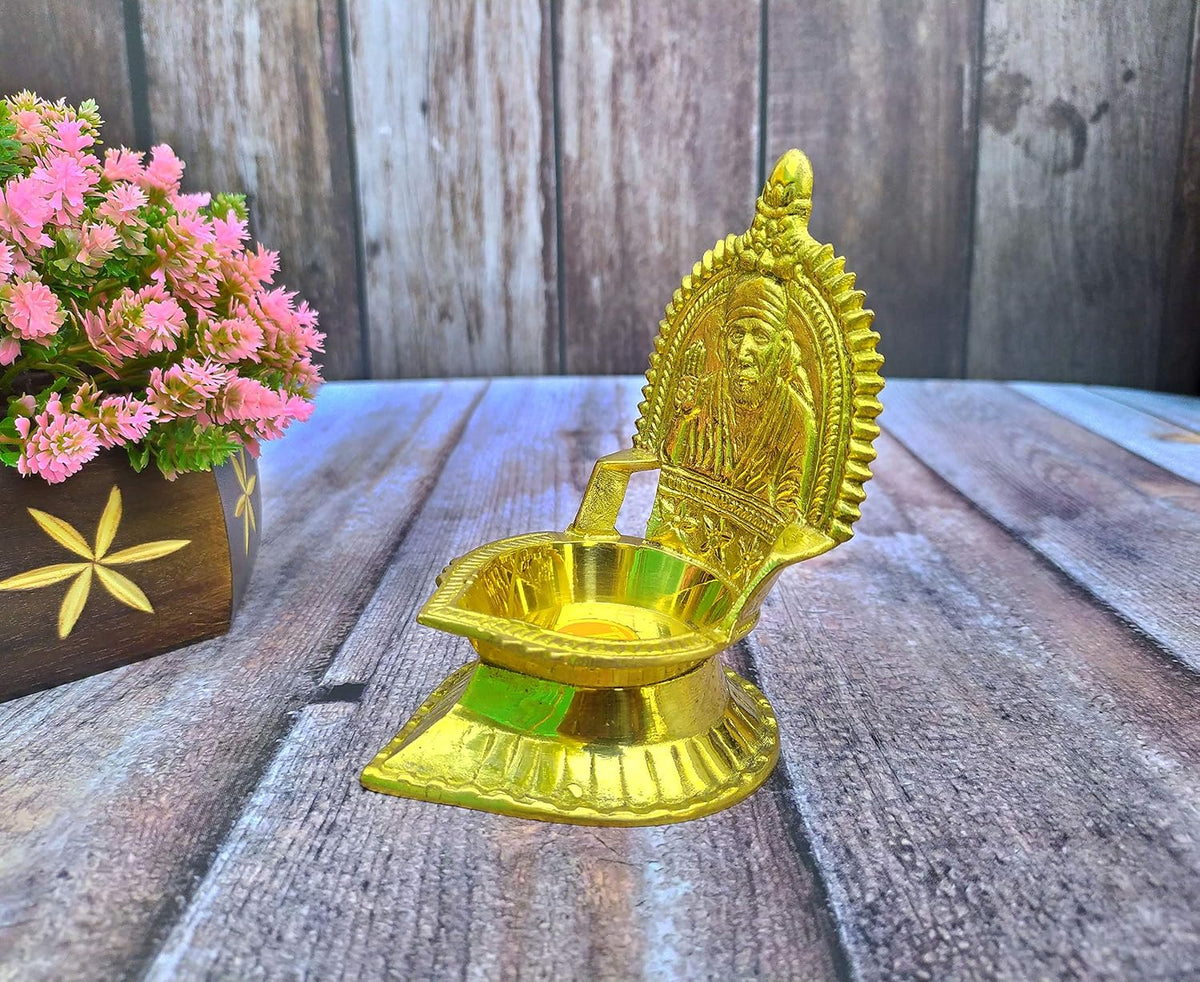 SHINDE EXPORTS Shirdi Saibaba Figure Golden Brass Diya for puja for Home Decor (5 inches Ashirwad Diya)
