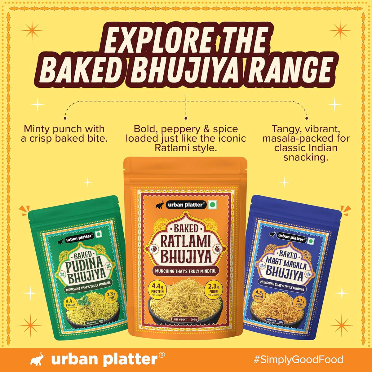 Urban Platter Baked Bhujia/Bhujiya Ratlami, 200g (Baked Not Fried, Better-For-You Indian Snack, 4.4g Protein & 2.3g Fibre)