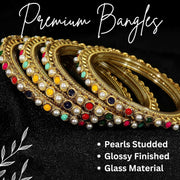 NMII Glass Golden Zircon Gemstone & Colorful Beads Studded Bangles Kada Set For Women & Girls | Traditional Stylish Kangan | Bangles For Women Glass | Wedding, Party, Occasion Wear Bangle- Set of 4