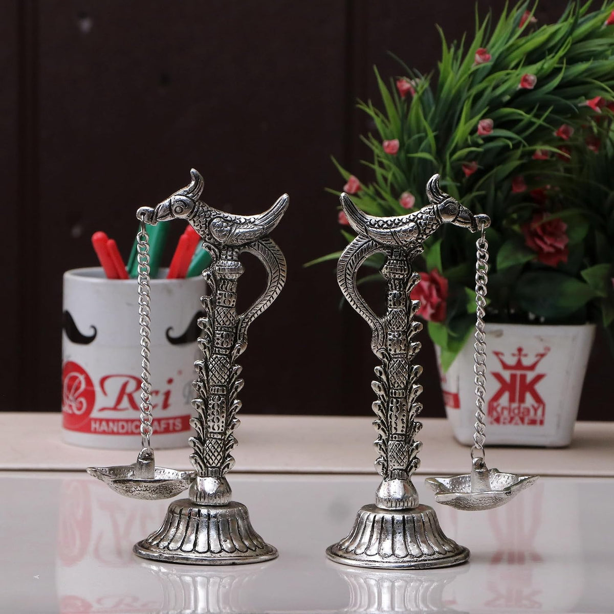 KridayKraft Parrot Design Metal Hanging with Chain Diya Pair of Parrot Design