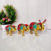 KridayKraft Metal Elephant Set with Stone Work Set for Showpiece Enhance Your Home, Office & Table and Gift for Have House Warming Anniversaries, Birthday (3 pcs)