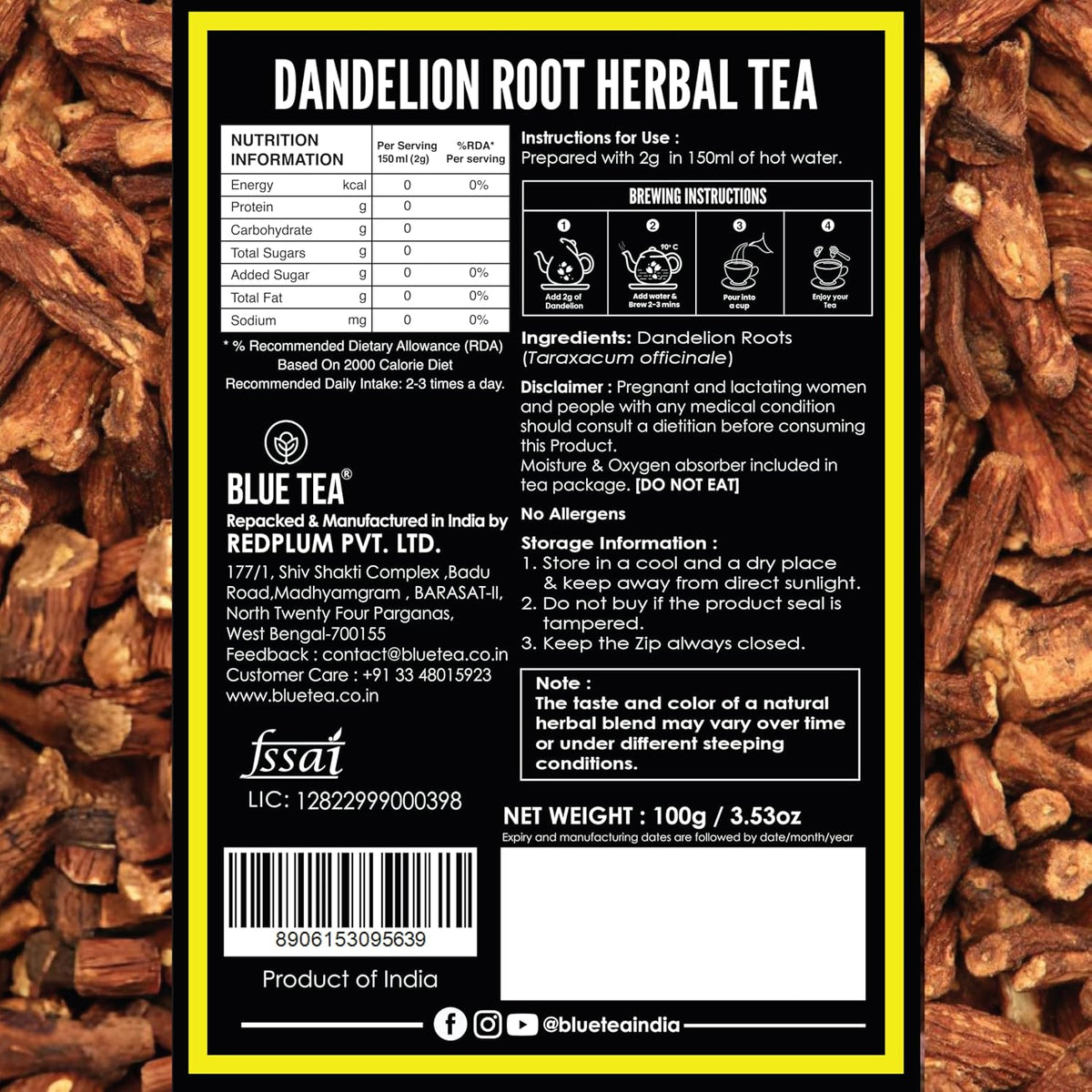 BLUE TEA - Dandelion Root Tea - 100 grams | IMPROVES DIGESTION | Liver Detox Herbal Tea - Caffeine Free - Non-Bitter - Mild Flavor | Ziplock Pack