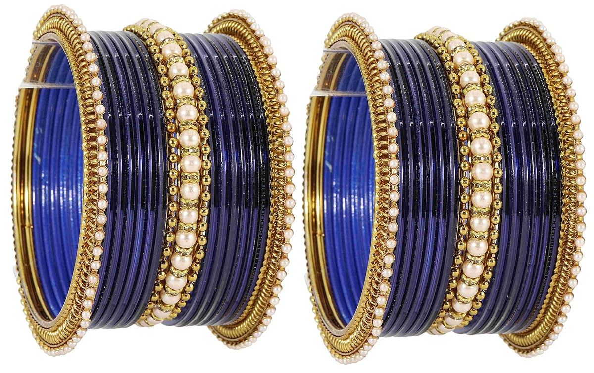NMII Non-Precious Metal Base Metal Studded with Pearl or Zircon Gemstone and Linked with Ball Chain Glossy Finished Bangle Set For Women and Girls