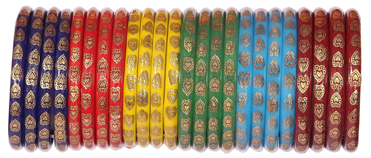 NMII Glass Beautiful Design With Gold Printed Heart Pattern and Gloosy Finished Kada Set For Women and Girls, (MultiColour_2.8 Inches), Pack Of 24 Kada Set