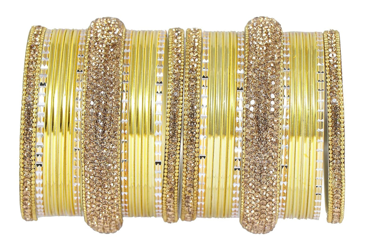 NMII Traditional Plain Metal Bangles with Golden Zircon Stone For Women & Girls | Chuda Set For Bridal Women Wedding, Party, Occasion | Golden Chuda | Metal Bangles For Women- Set of 30