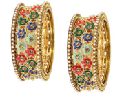 NMII Non-Precious Metal with Base Metal Meenakari Worked Zircon Gemstone or Pearls Studded Glossy Finished Flower Pattern Bangle set for Women and Girls