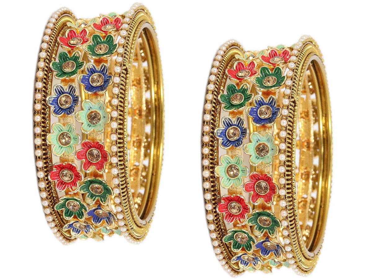 NMII Non-Precious Metal with Base Metal Meenakari Worked Zircon Gemstone or Pearls Studded Glossy Finished Flower Pattern Bangle set for Women and Girls