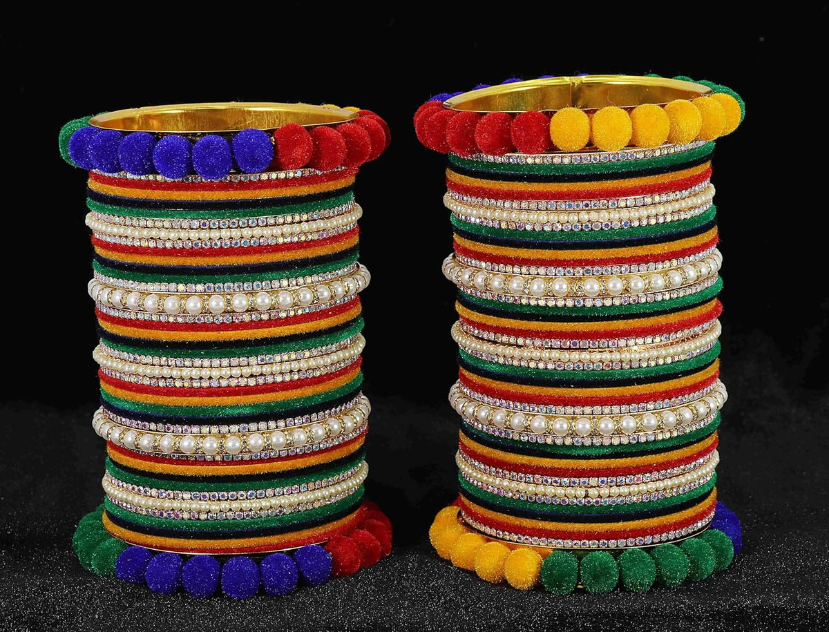NMII Premium White Stone & Pearls Moti Velvet Bangles Bridal Chuda Set For Women & Girls | AD Chuda Set | Bangles For Women Traditional | Bangles For Wedding, Party, Occasion Jewellery- Set of 86