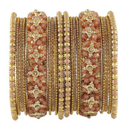 NMII Non-Precious Metal Base Metal with Zircon Gemstone Or Pearl and Flower Pattern with Ball Chain Linked Glossy Finished Bangle Set