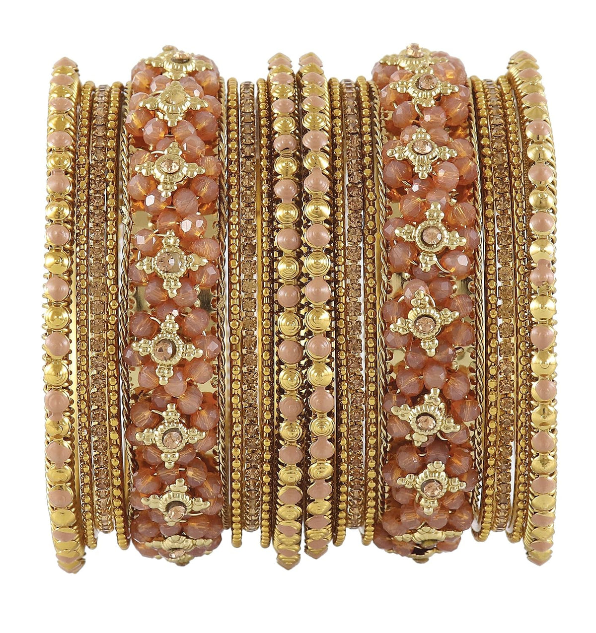 NMII Non-Precious Metal Base Metal with Zircon Gemstone Or Pearl and Flower Pattern with Ball Chain Linked Glossy Finished Bangle Set
