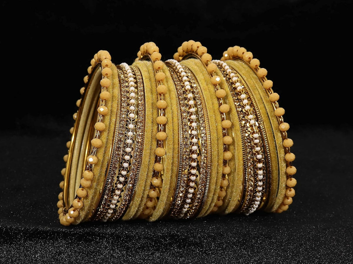NMII Metal With Zircon Gemstone and Pearls Studded Velvet Bangles For Women and Girls