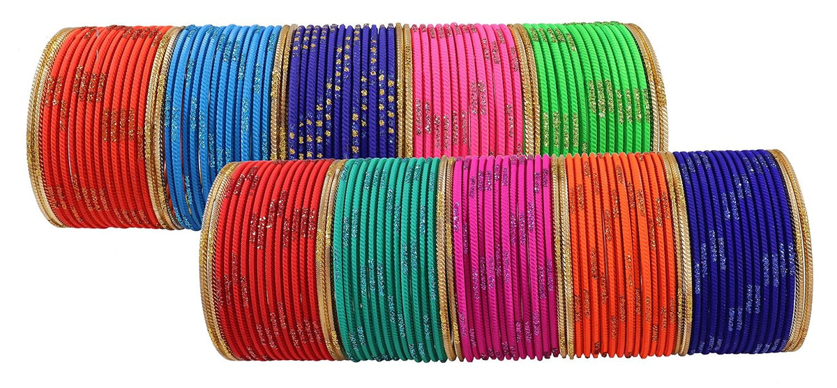 NMII Multi Colour Metal Bangles Combo Set for Women & Girls | Golden Polka Dots & Cutting Design | Plain Chudi Set | Daily Use Bangles