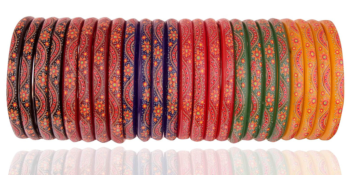NMII Glass with Flower Pattern Glossy Finished Kada Set For Women and Girls, (Multy_2.8 Inches), Pack Of 24 Kada Set