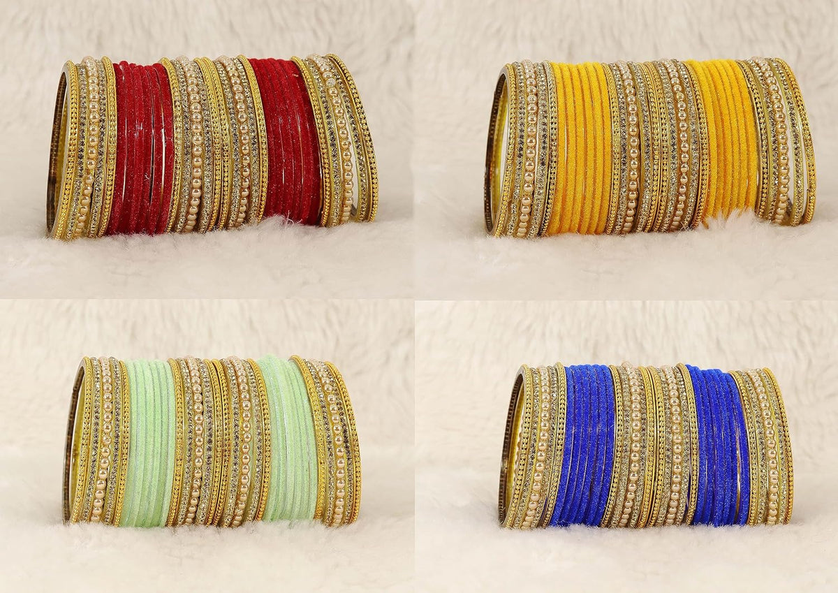 NMII Multicolour Glass with Zircon Stone, Pearls and Golden Ballchain Studded Fancy Velvet Bangles Set For Women's and Girls | Stylish Glass Bangles Set- Pack of 128 Bangles