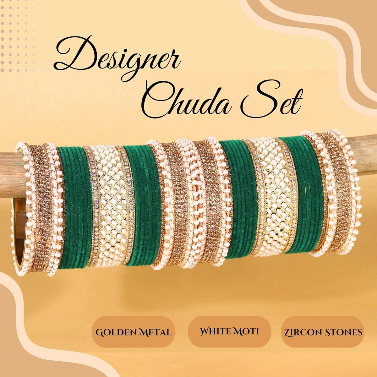 NMII Golden Metal Chuda Bangles Set For Bridal Women & Girls with Zircon Diamond, White Motis & Velvet Bangles | Latest Trendy Chooda Set | Bangles Set For Wedding, Party, Occasion- Set of 34