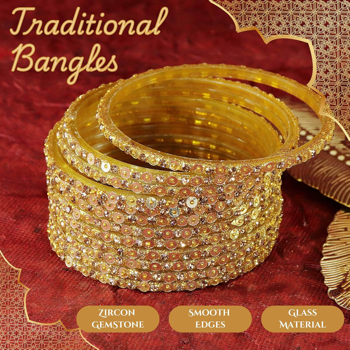 NMII Stylish Glass Bangles Set with Golden Diamond Stone & Sitara Beads Design For Women & Girls | Designer Women's Glass Bangles | Traditional Chudi Set | Girl's Bangles Fashion Jewellery- Set of 12