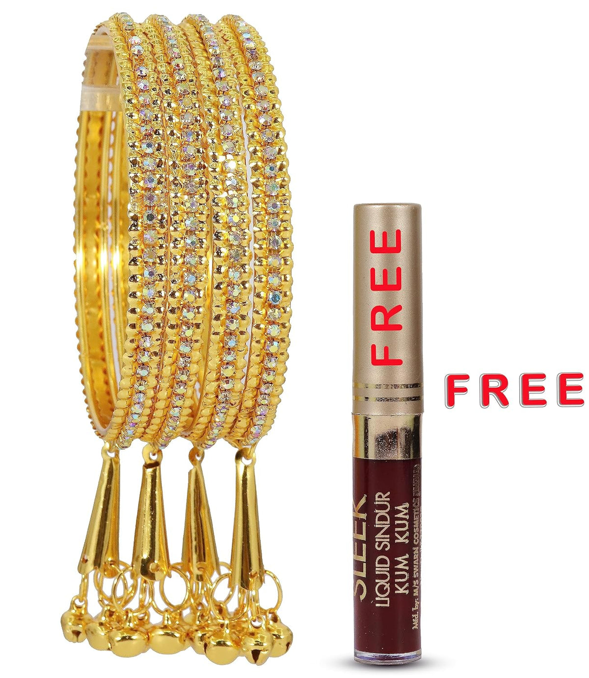 NMII Alloy Metal With Zircon Gemstone and Bells Latkan Linked Traditional Bangles Set For Girls and Women