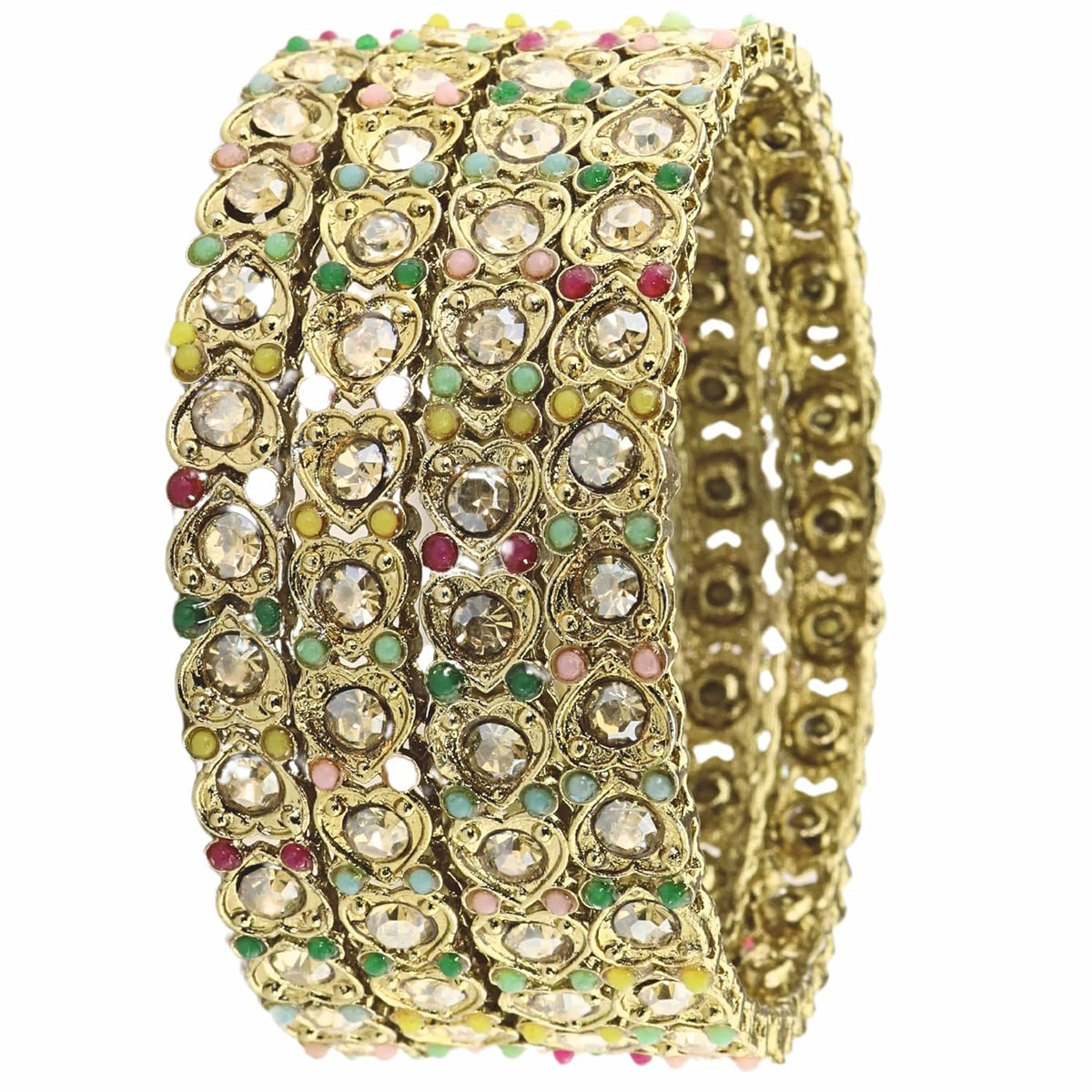 NMII Antique Metal Bangles Set Heart Design Adorned with Zircon Stones & Beads Work For Women & Girls | Trendy Girls' Bangles Bracelet Kangan Latest | Wedding, Party, Festive, Occasion- Set of 4