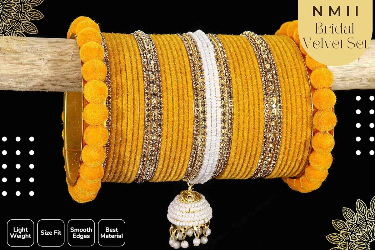 NMII Premium Gold Plated Metal Velvet Bangles Latkan Chuda Set For Bridal Women & Girls with Pearls Moti & Zircon Diamond | Dulhan Chura Fancy | Bridal Bangles Set for Wedding- Set of 70 Bangles