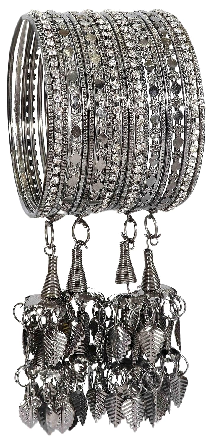 NMII Metal with Zircon Gemstone Studded Glossy Finished Chilai Latkan Bangle Set For Women and Girls