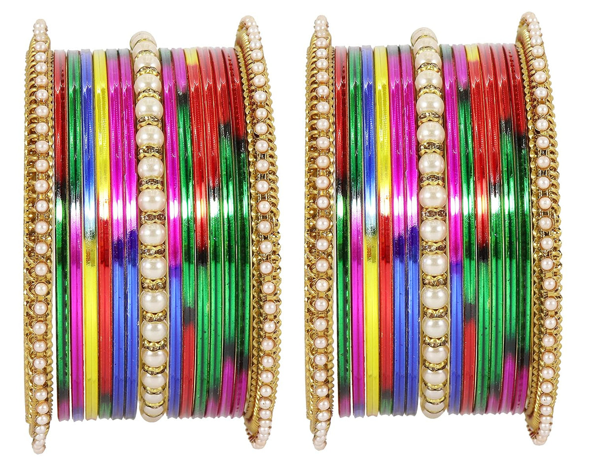 NMII Non-Precious Metal Base Metal Studded with Zircon Gemstone Or Pearl Glossy Finished Bangle Set For Women and Girls