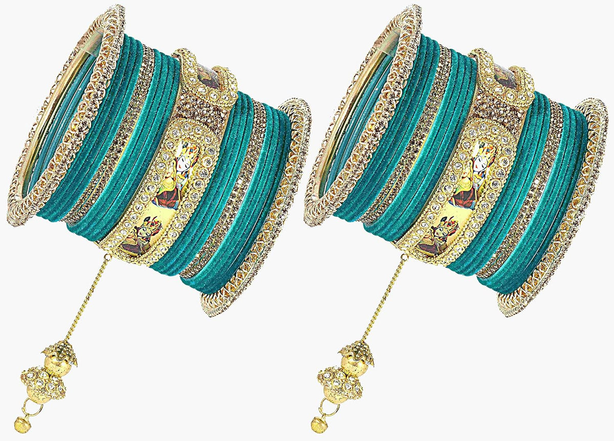 NMII Non-Precious Metal Base Metal With Velvet and Raadha Krishna Printed Design Or Zircon Gemstone Pearls Latkan Bangles Set For Women and Girls