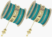 NMII Non-Precious Metal Base Metal With Velvet and Raadha Krishna Printed Design Or Zircon Gemstone Pearls Latkan Bangles Set For Women and Girls