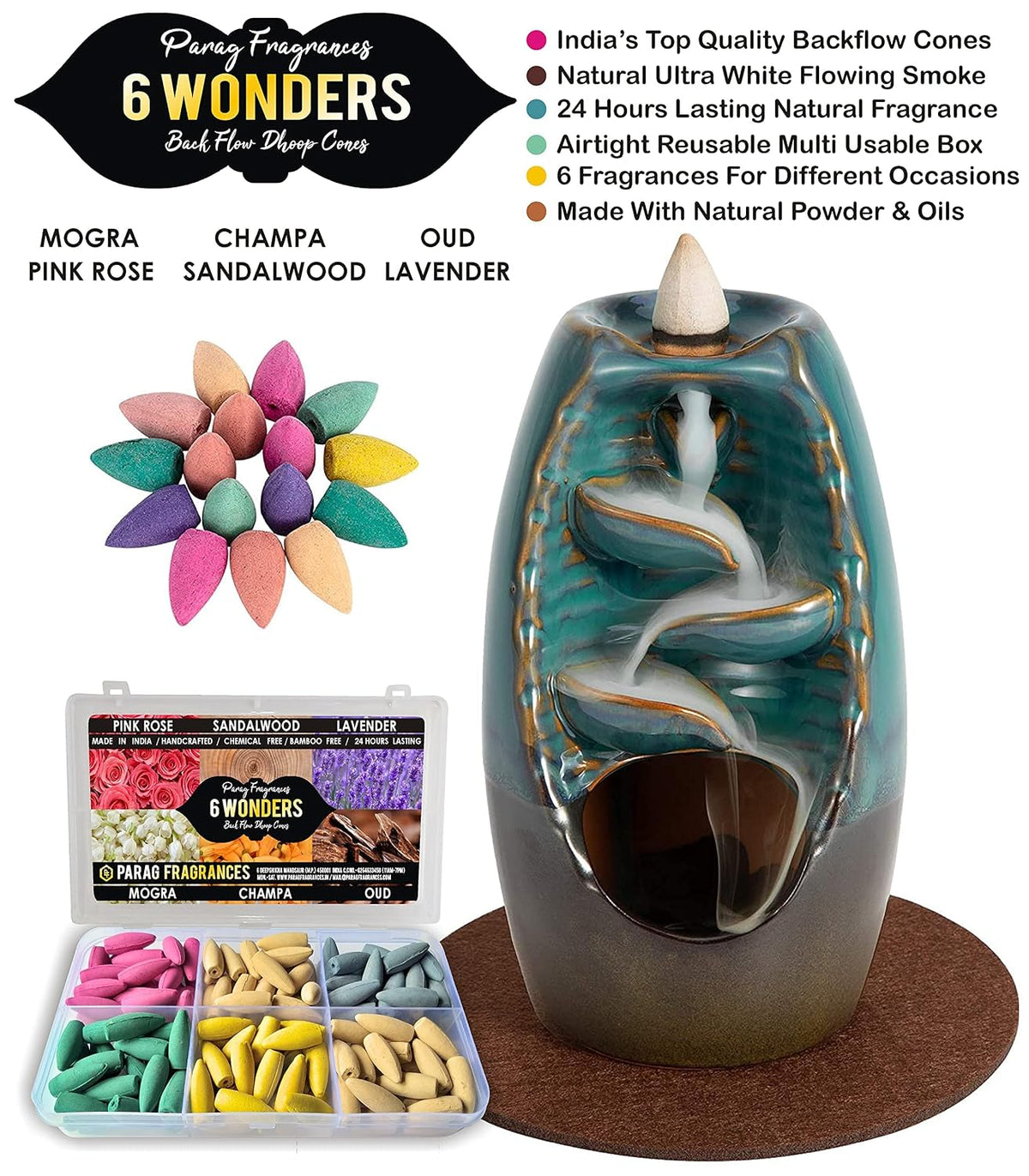 Parag Fragrances 6 Wonders बैकफ्लो धूप कोन्स / Back Flow Incense Cones (Rose, Sandalwood, Lavender, Mogra, Champa & Oud) for Smoke Fountain/Original Backflow Dhoop Cones Natural Oil