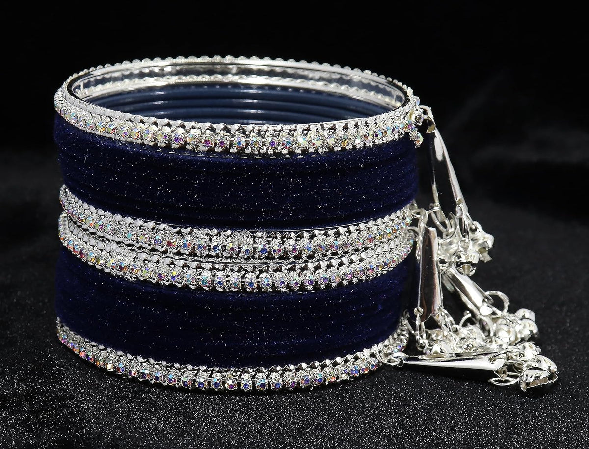 NMII Metal with Zircon Gemstone and Velvet Studded Bells Latkan Bangles Set For Girls and Women I Latkan Bangles, Premium Bangle Bracelet Set I Pack of 16 Bangles