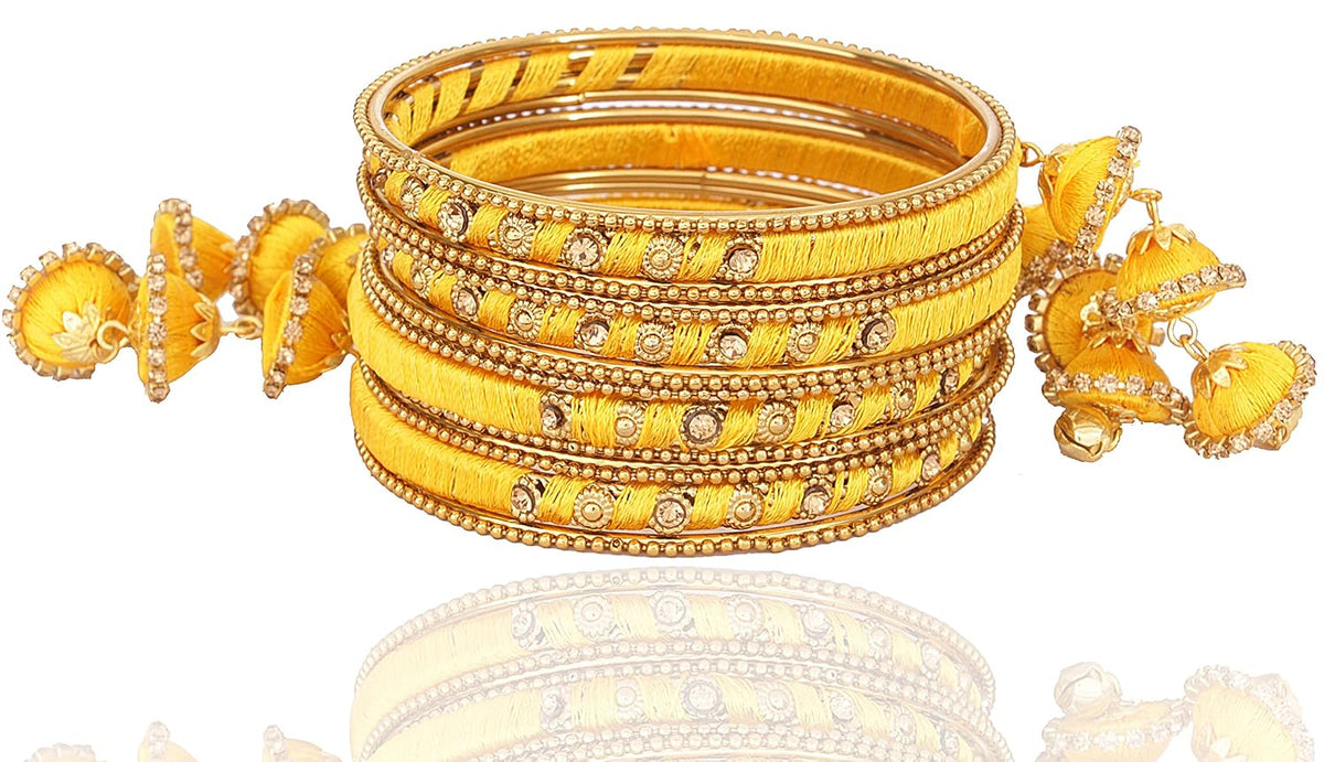 NMII Metal & Fabric Zircon Bangles Set for Women & Girls, Pack of 4 Kada Set